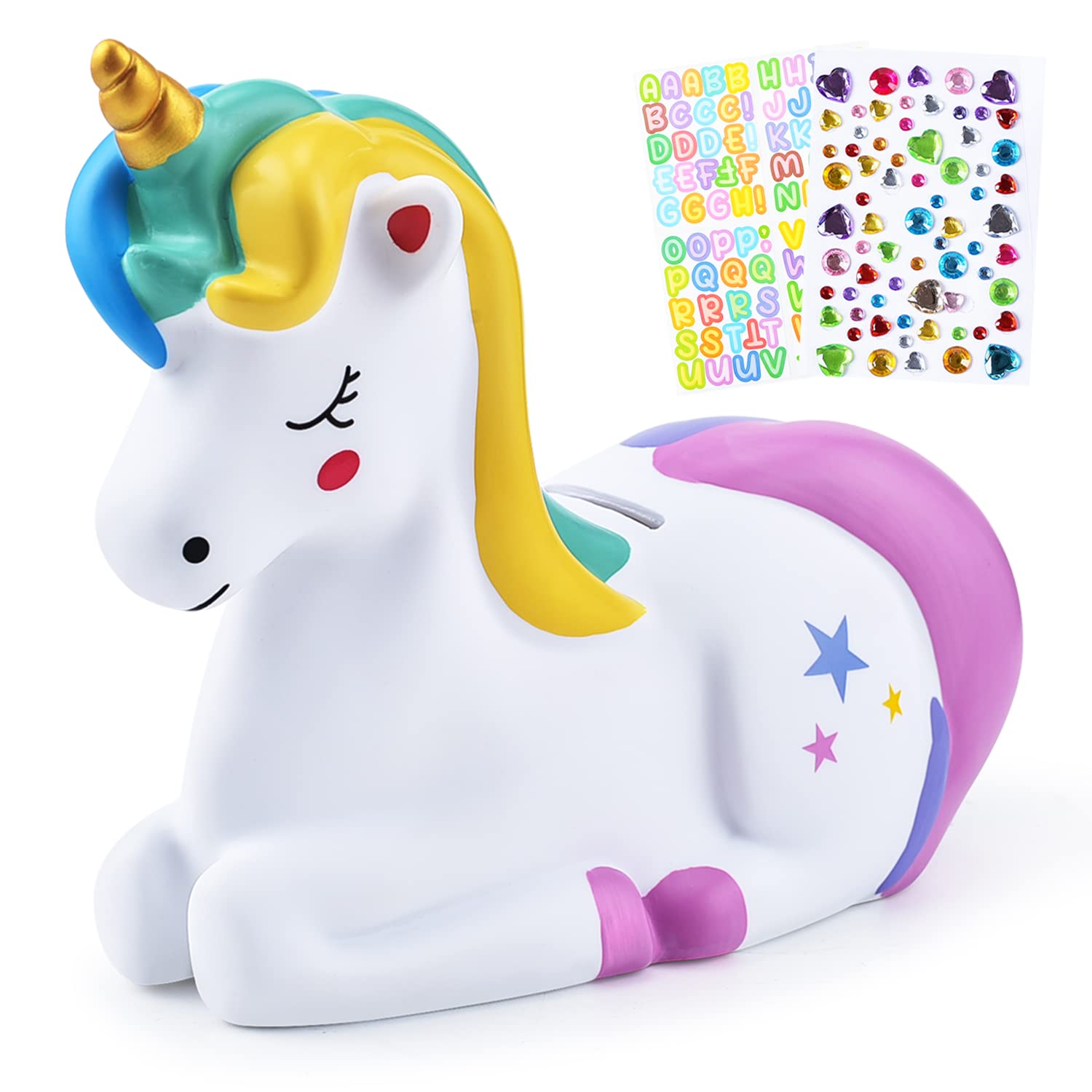 PJDRLLC unicorn rainbow piggy bank front view, durable kid-friendly savings buddy.
