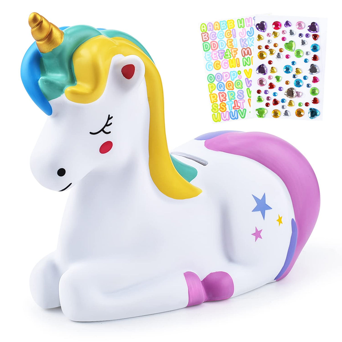 PJDRLLC unicorn rainbow piggy bank front view, durable kid-friendly savings buddy.