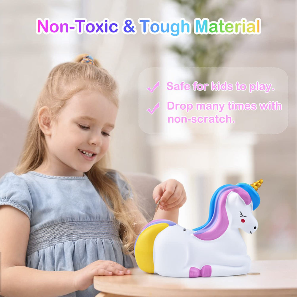 PJDRLLC unicorn rainbow piggy bank side view, built for everyday play and resilience.