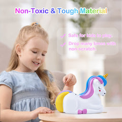 PJDRLLC unicorn rainbow piggy bank side view, built for everyday play and resilience.