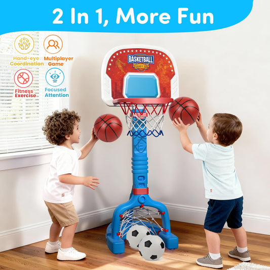 PJG toddler basketball hoop with five height levels for growing children.