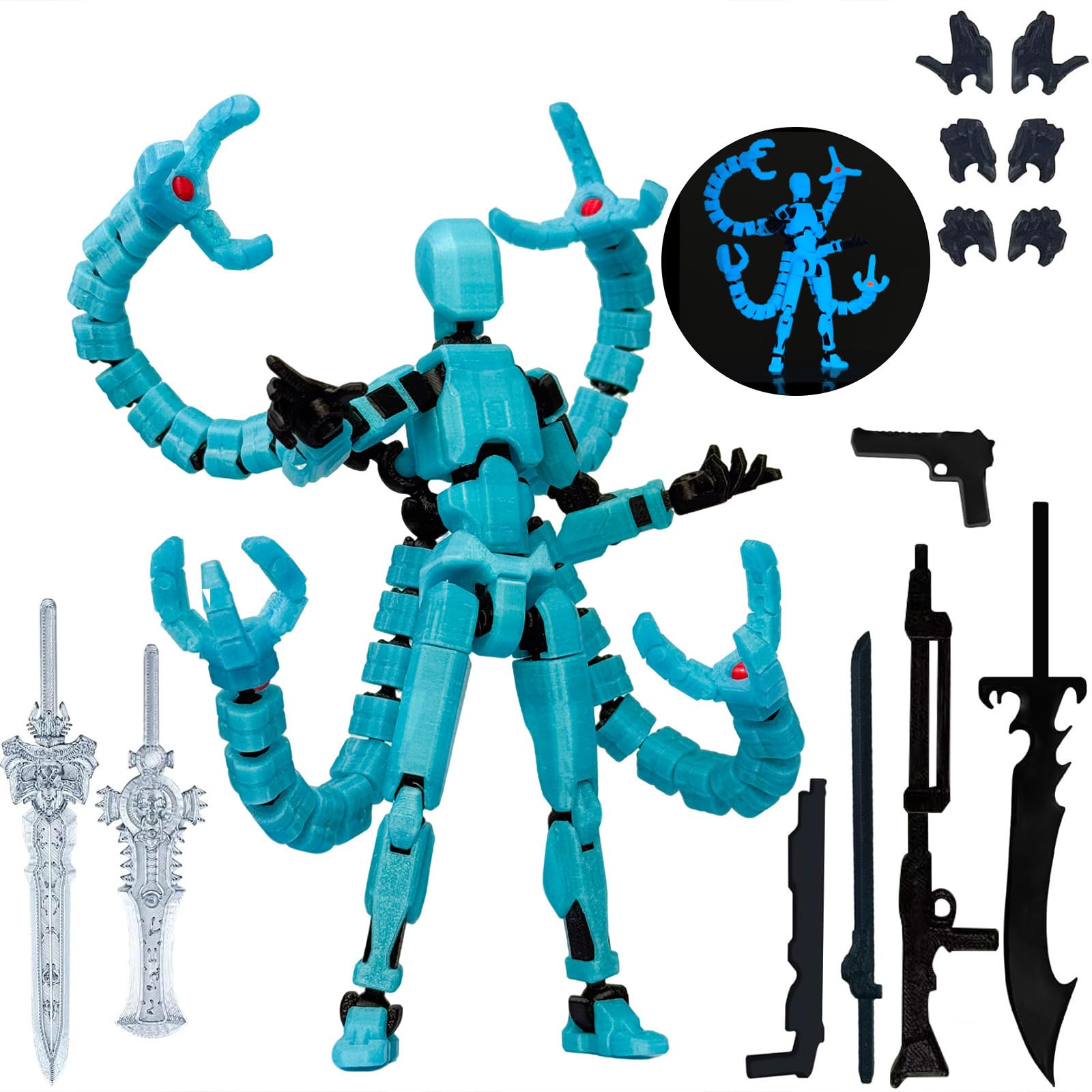 Pkghokids T13 fully articulated figure in Blue Noctilucent enhances dynamic pose photography.