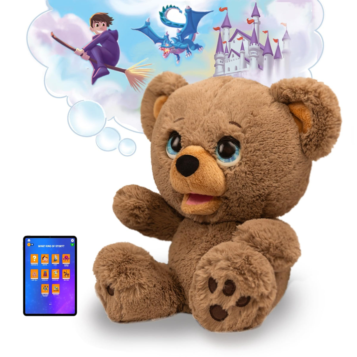 Poe the AI Story Bear front view, cuddly plush inviting imaginative storytelling.