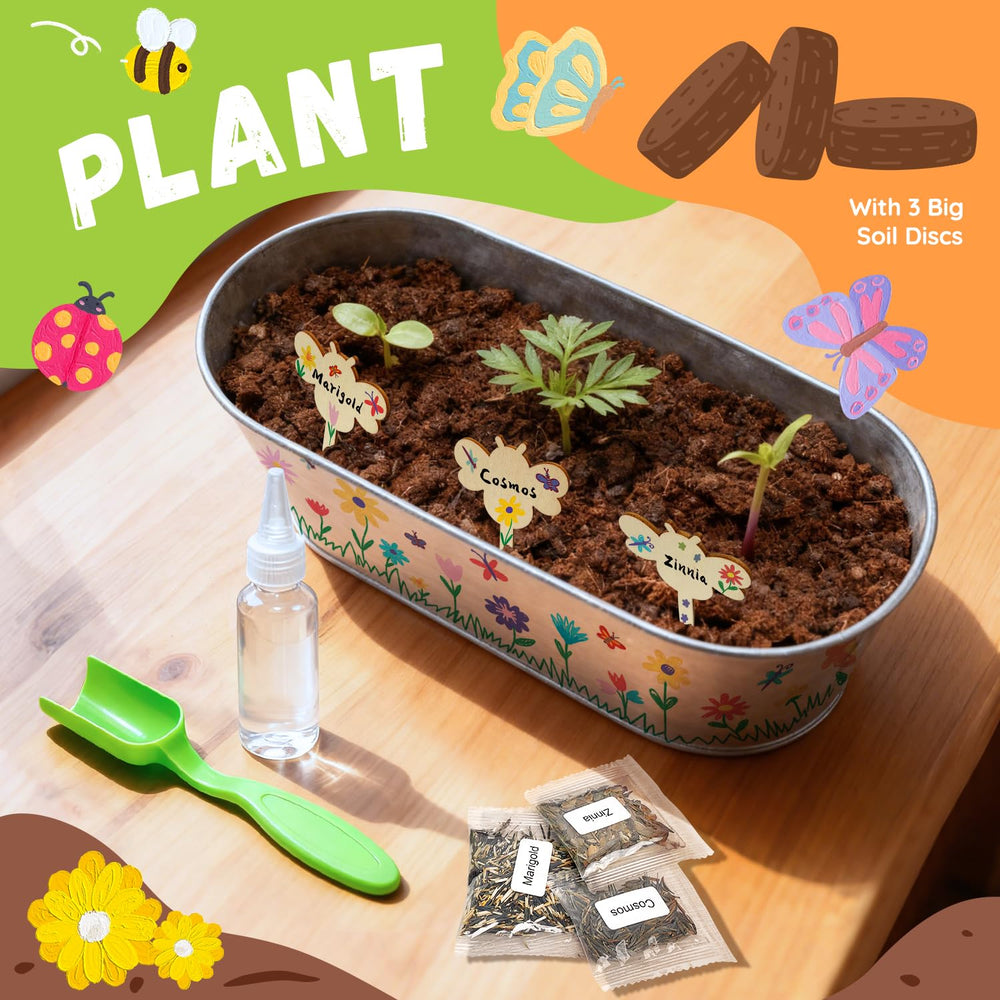 PLANTMEW decorated planter beside a color palette and brushes.