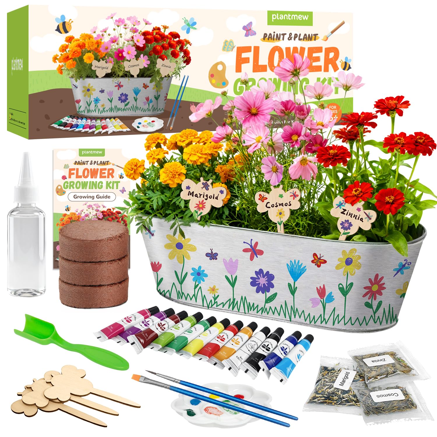 PLANTMEW Paint & Plant kit front view with metal planter and paints for kids.
