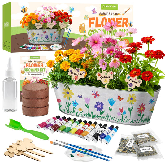PLANTMEW Paint & Plant kit front view with metal planter and paints for kids.