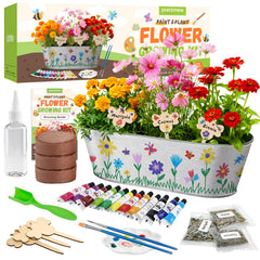 PLANTMEW Paint & Plant kit front view with metal planter and paints for kids.