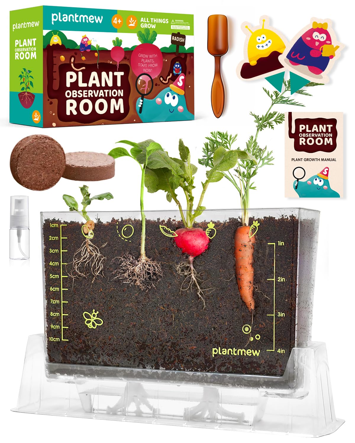 PLANTMEW Root Viewer Kit display with six seed varieties for hands-on science learning