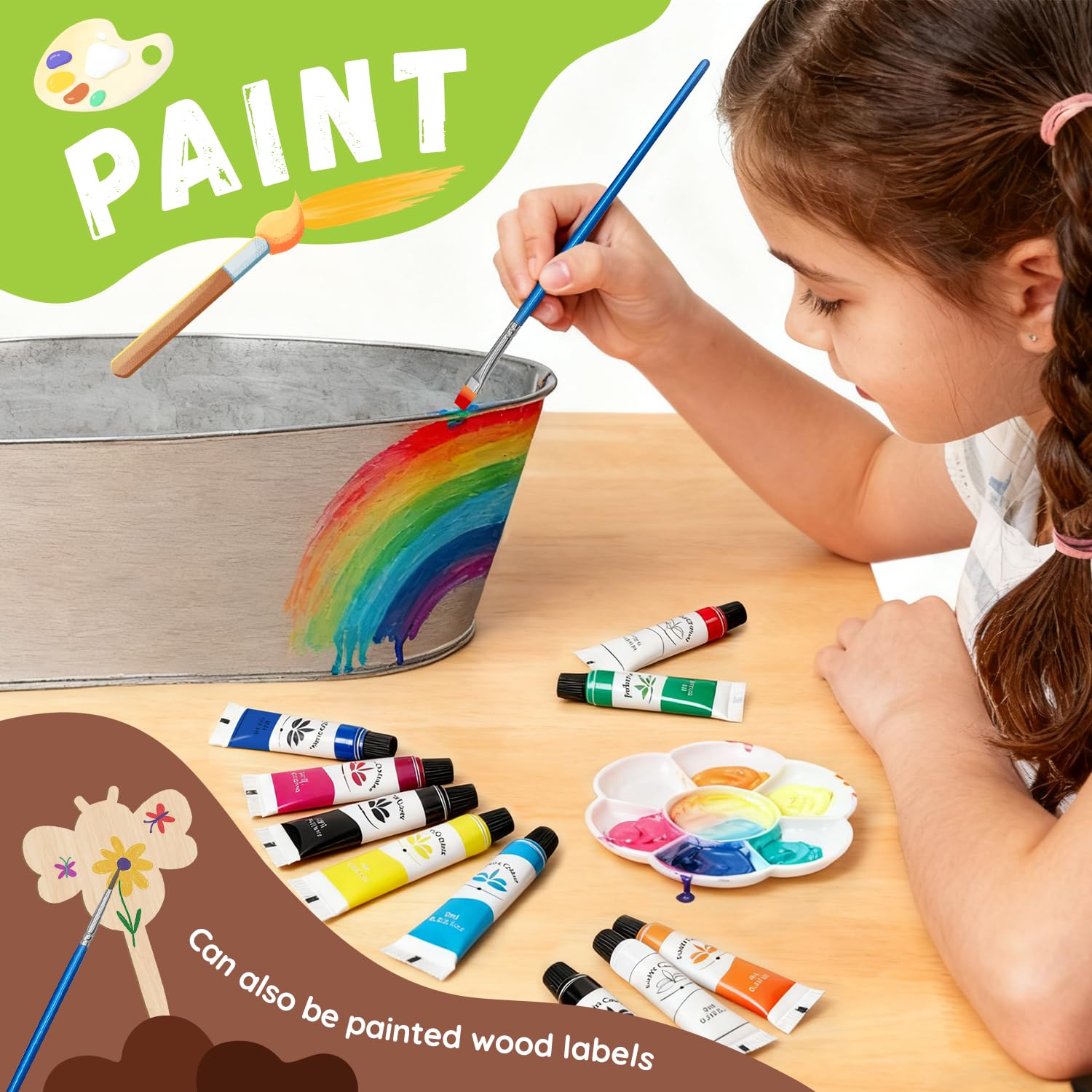 PLANTMEW child watering growing flowers in a painted pot.