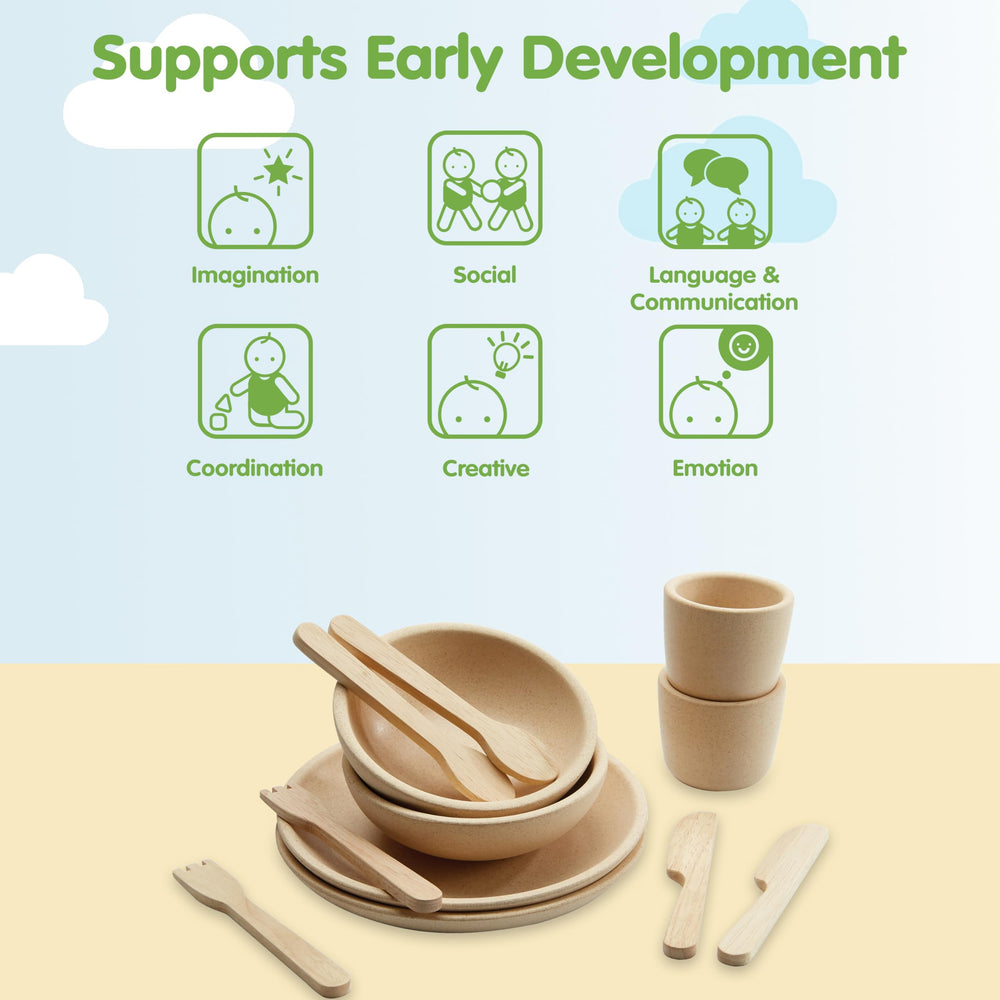 PlanToys spoons invite serving and stirring, boosting fine motor skills during pretend kitchen
