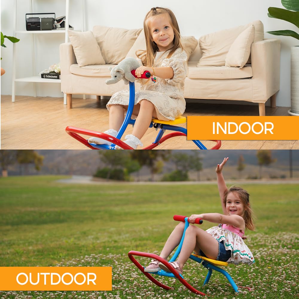 PlatPorts Kids Rocking Seesaw steel frame image emphasizes rust-resistant construction for outdoor use.