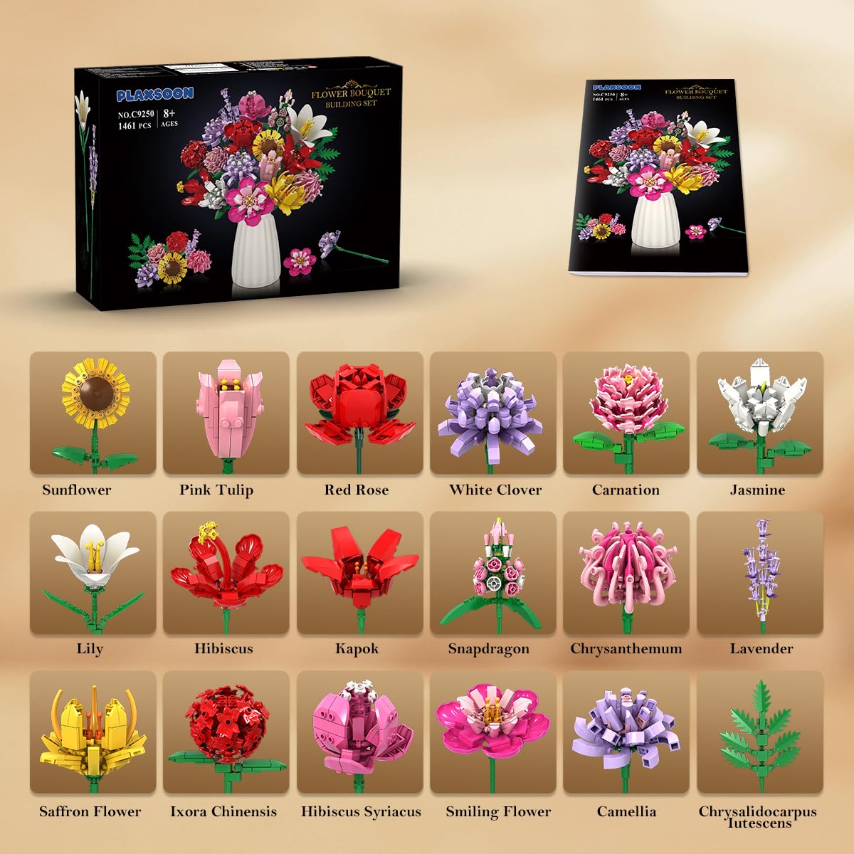PLAXSOON bouquet-building-set with camellias and saffron tones for a premium display