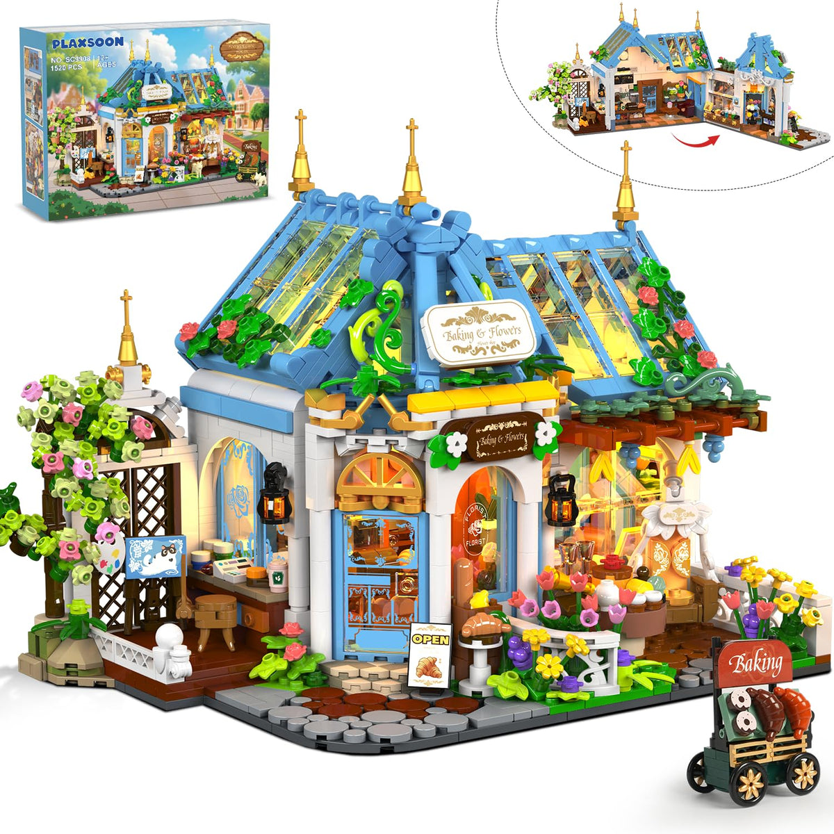 PLAXSOON Flower Café House with LED glow, ideal for cozy shelf display.