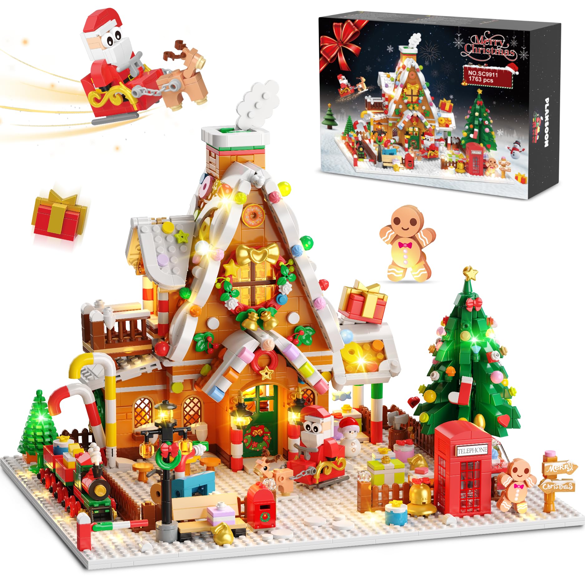 PLAXSOON gingerbread house courtyard with lights enhances cozy holiday decor.