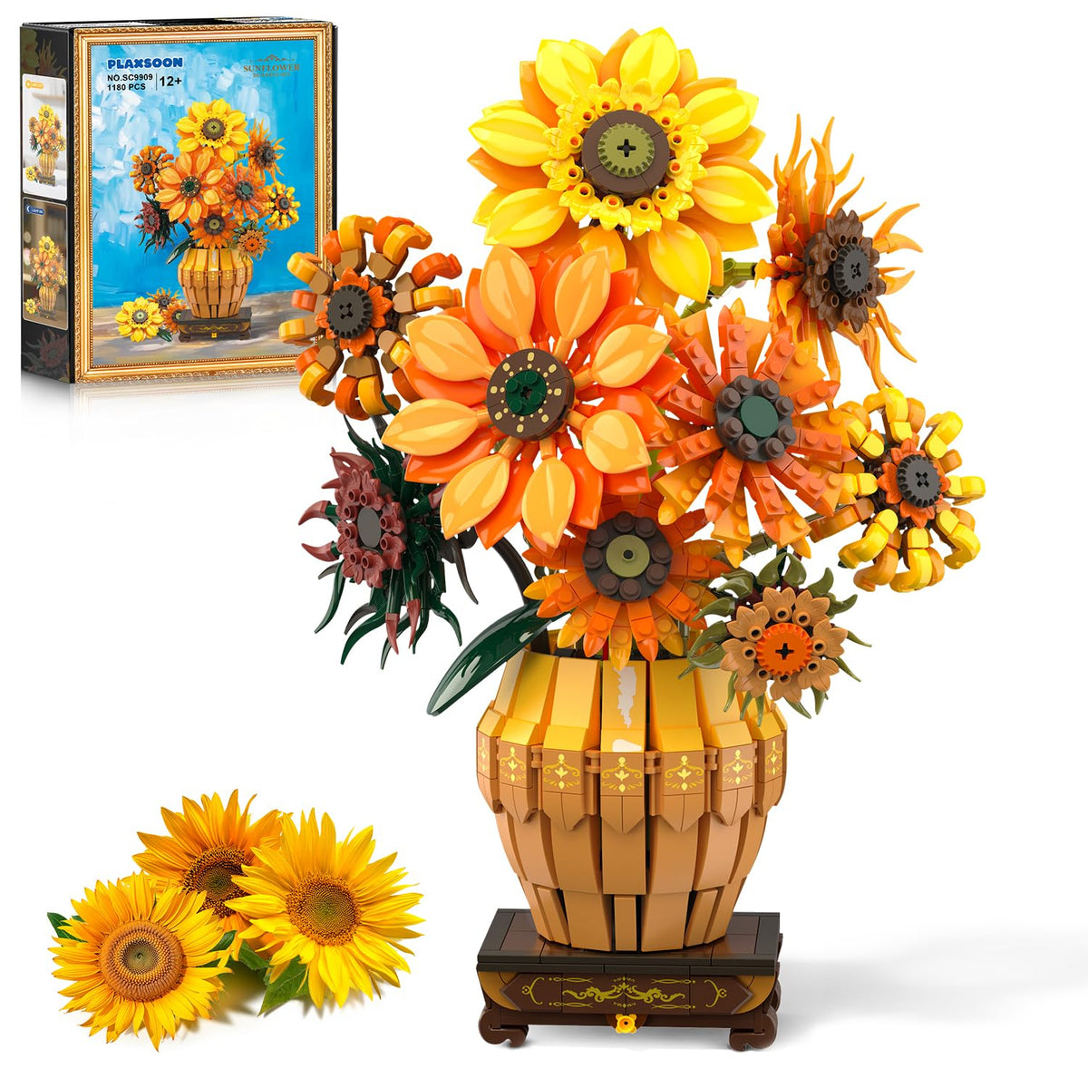 PLAXSOON Sunflower Building Set with Lights vase base showcased for warm room ambiance