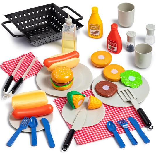 Play-Act 27-piece BBQ Grill Playset assembled for imaginative backyard feasts and role-play.