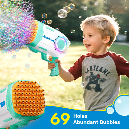 Play-Act bubble gun with LED lights creates colorful, magical bubbles for parties