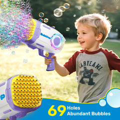 Play-Act bubble gun with colorful LED lights for outdoor celebrations.