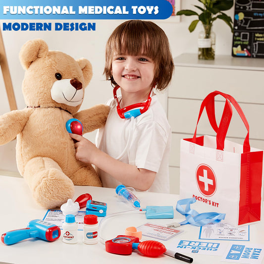 Play-Act doctor name tag enhances role-play authenticity during pretend visits.