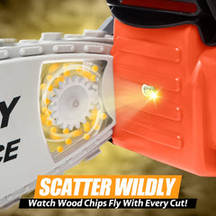 Play-Act Mighty Force Chainsaw toy battery compartment opened for easy setup.