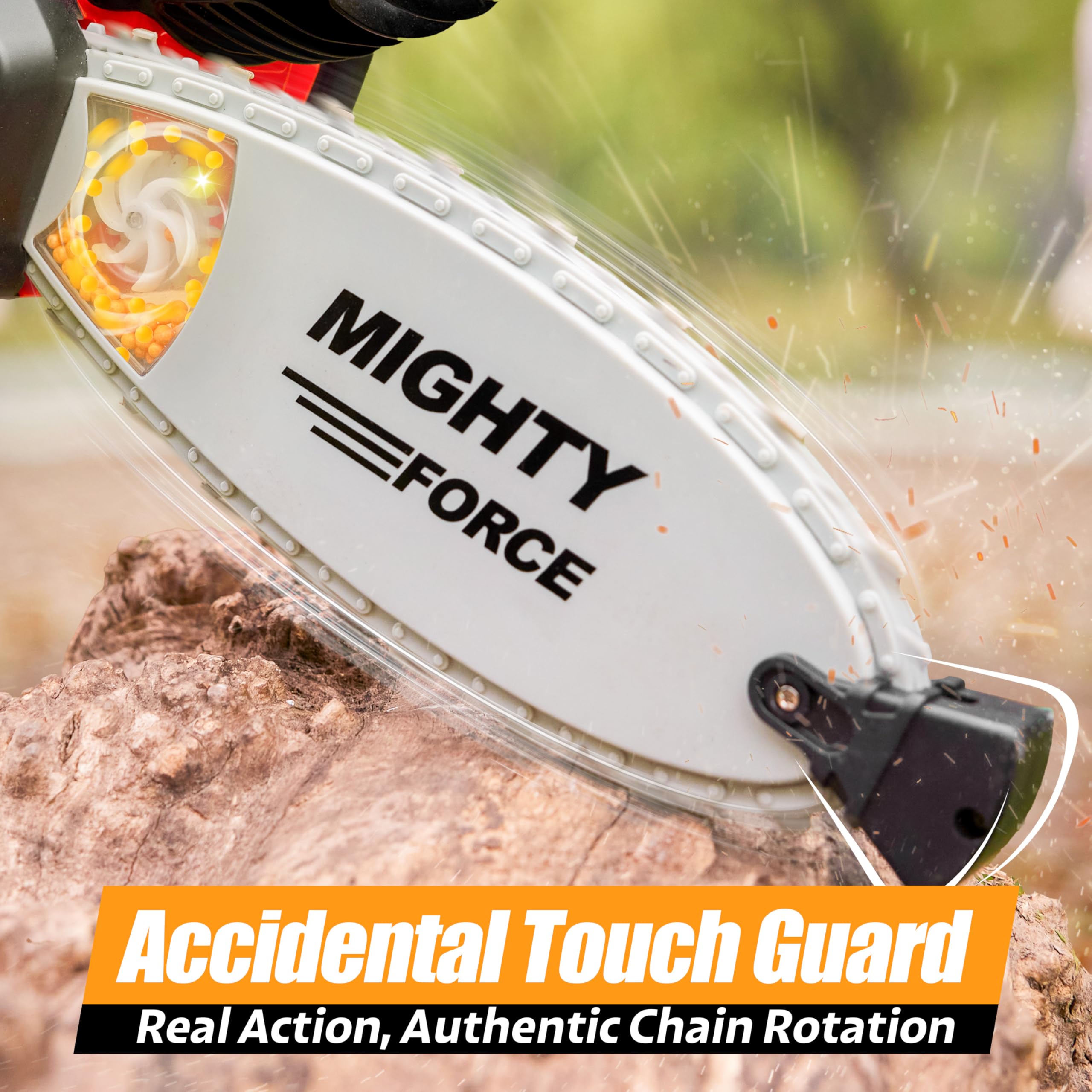 Play-Act Mighty Force Chainsaw toy in action during pretend wood cutting.