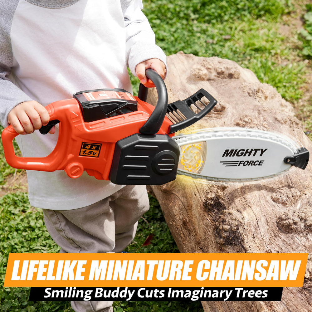 Play-Act Mighty Force Chainsaw toy with lights on for immersive pretend adventures.