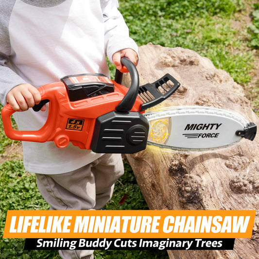 Play-Act Mighty Force Chainsaw toy with lights on for immersive pretend adventures.