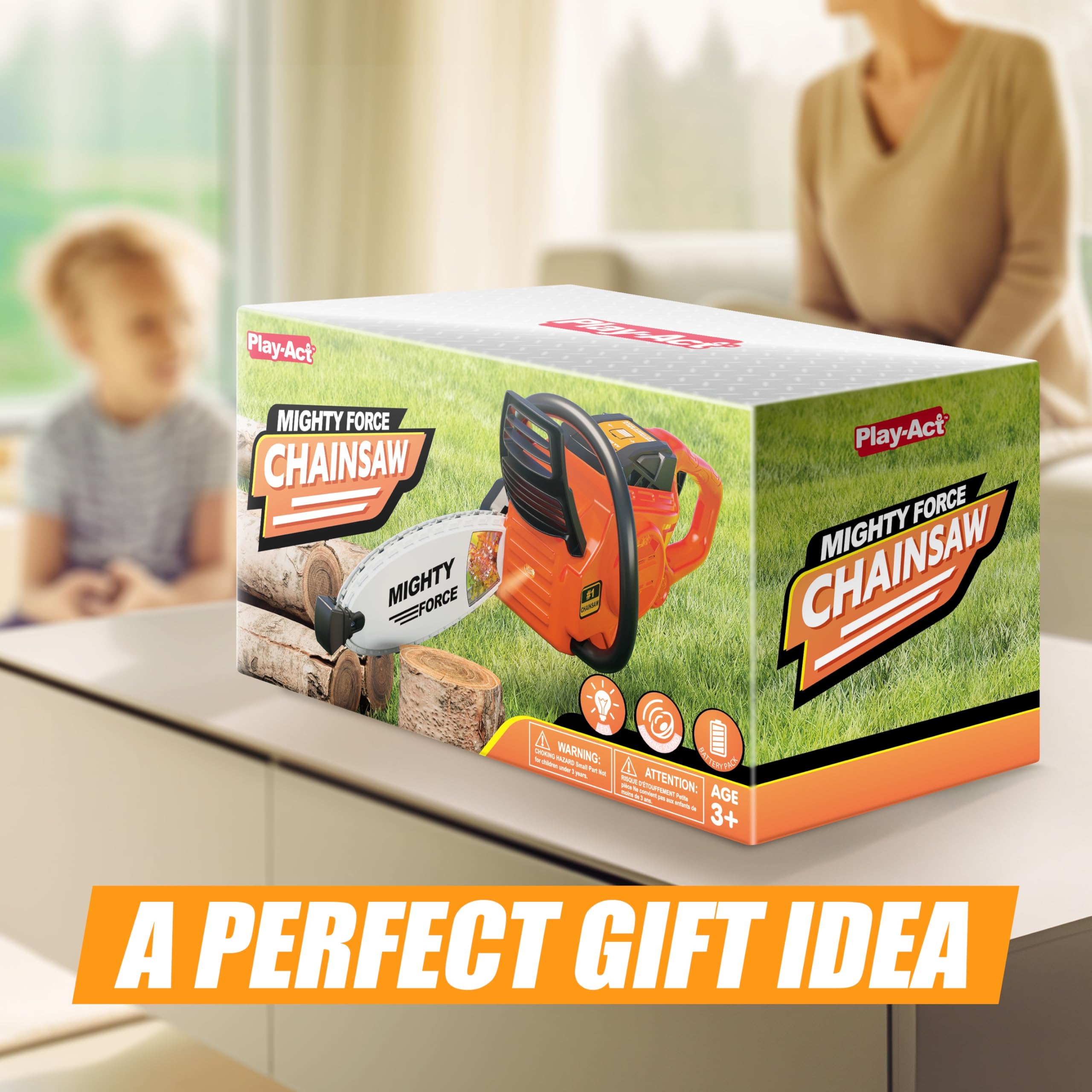 Play-Act Mighty Force Chainsaw toy outdoors with child exploring backyard setup.