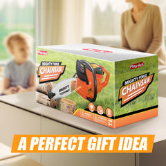 Play-Act Mighty Force Chainsaw toy outdoors with child exploring backyard setup.