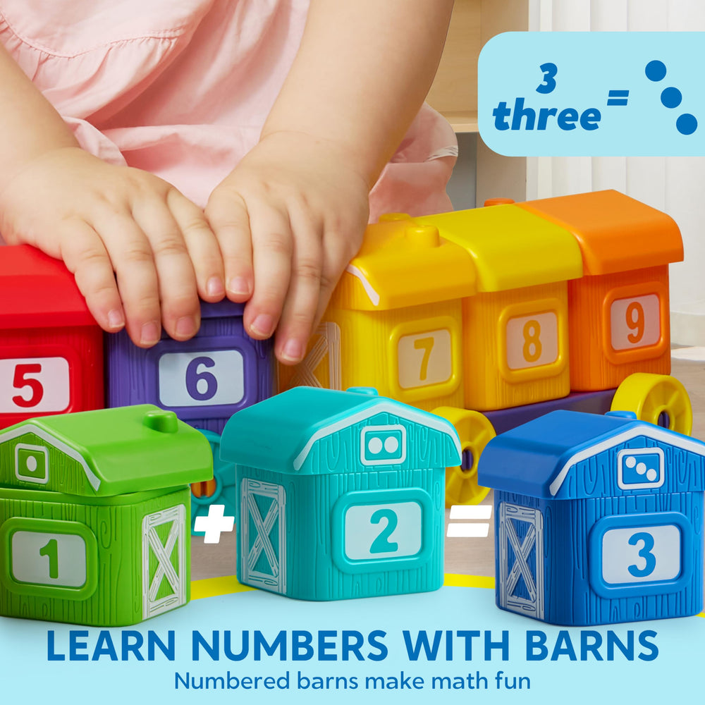 Play-Act Numbered barns close-up highlights color sorting and counting basics.