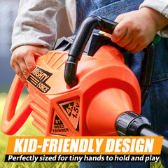 Ergonomic grip and orange switch on Play-Act weed trimmer for tiny hands