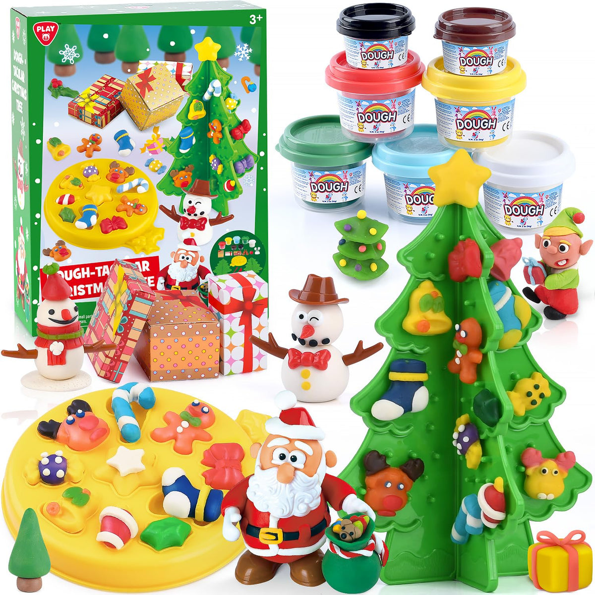 PLAY Christmas color dough set assembly: child builds a festive scene for fine motor growth.