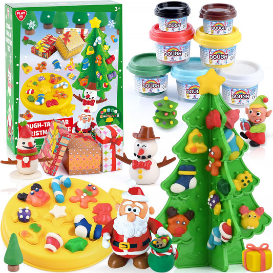PLAY Christmas color dough set assembly: child builds a festive scene for fine motor growth.