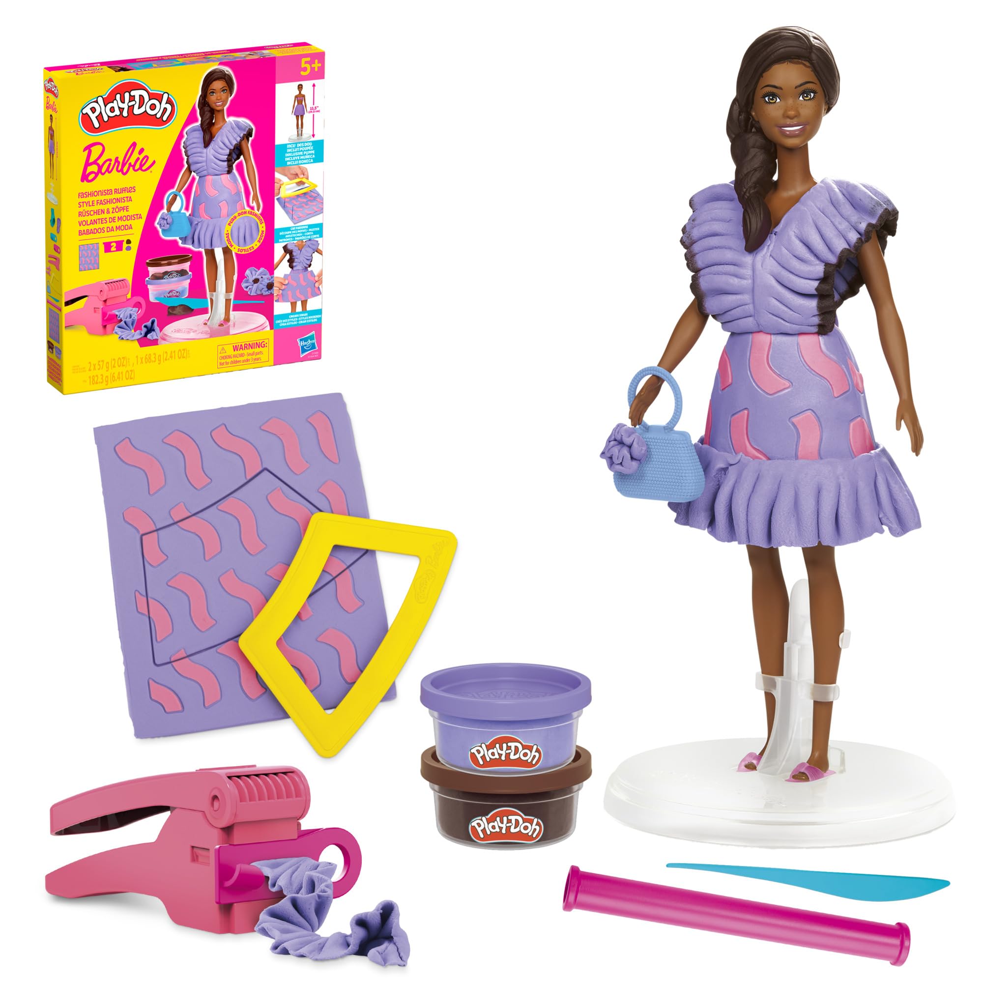 Play-Doh Barbie Fashionista Ruffles Kit with soft dough for stylish outfits.