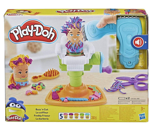 Play-Doh Buzz 'n Cut barber chair scene for creative pretend hairstyling.