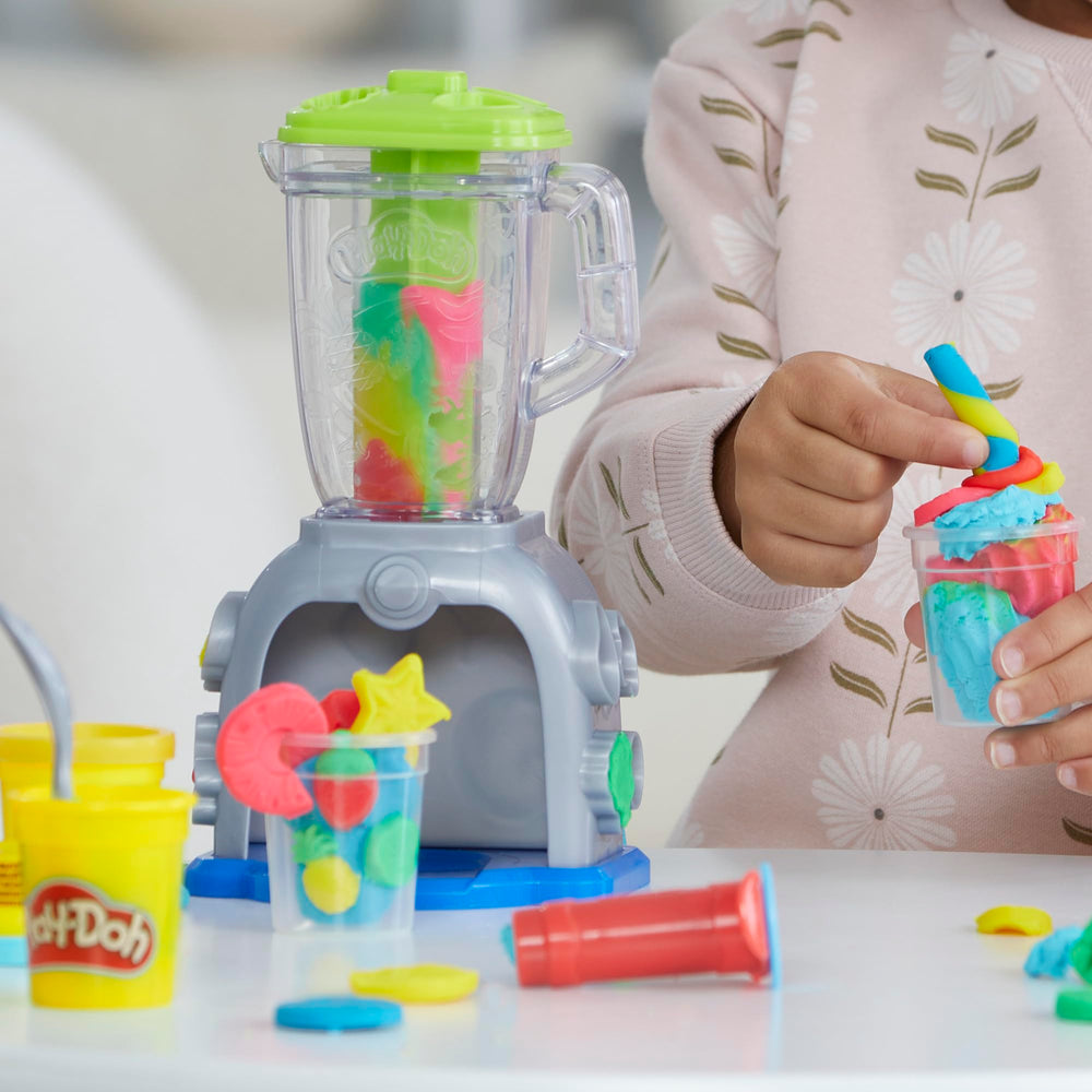 Five Play‑Doh cans arranged to show included colors and portion sizes for mixing