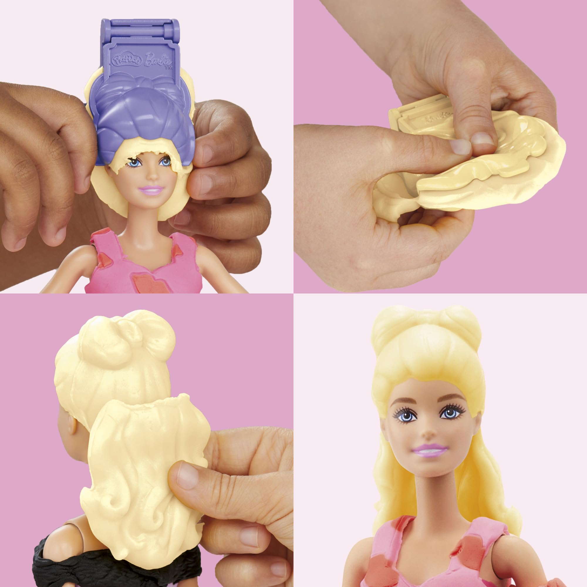 Play-Doh hair molds let kids create colorful hairstyles for Barbie.