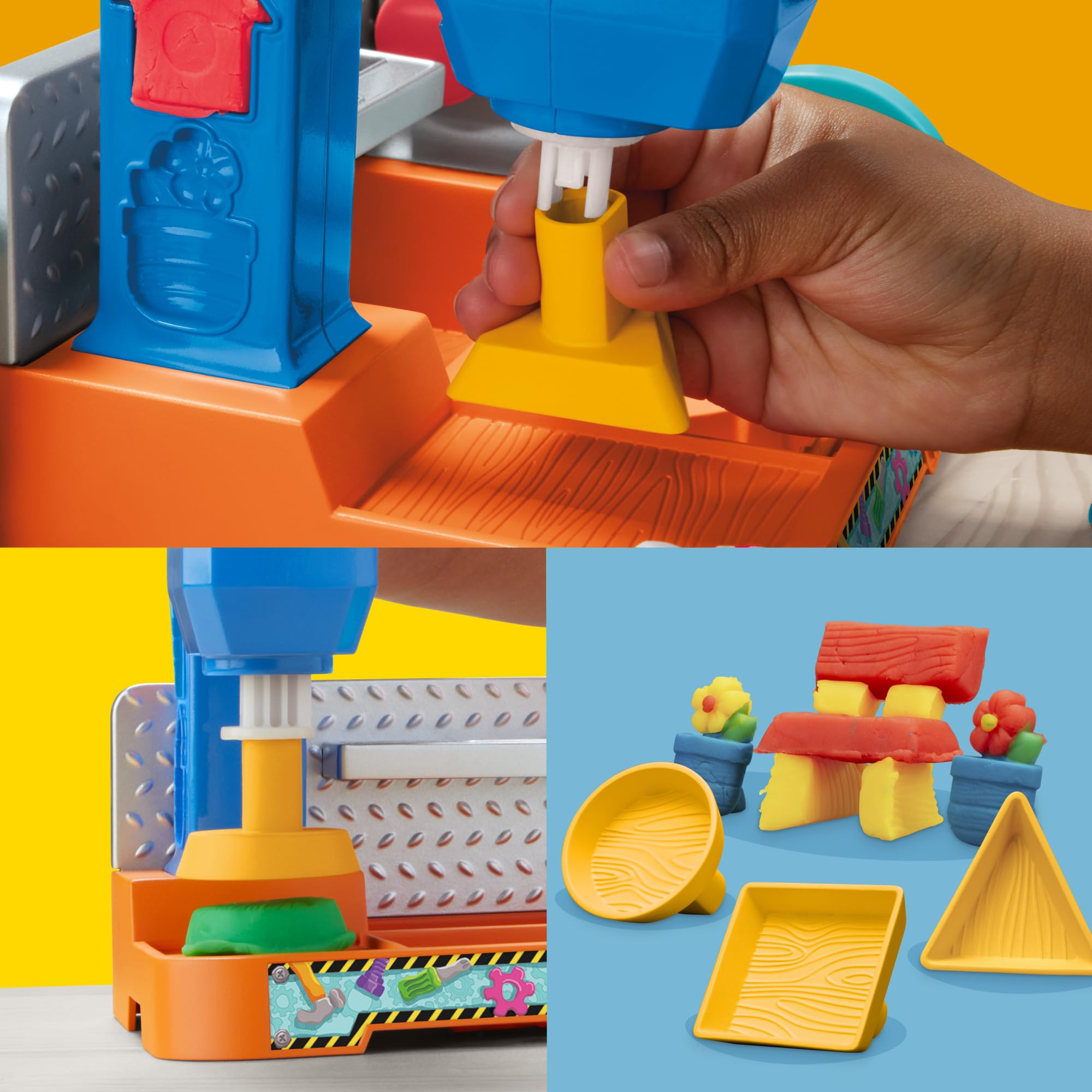 Play-Doh Stamp & Saw Tool Bench offers three stampers for circles, squares, triangles