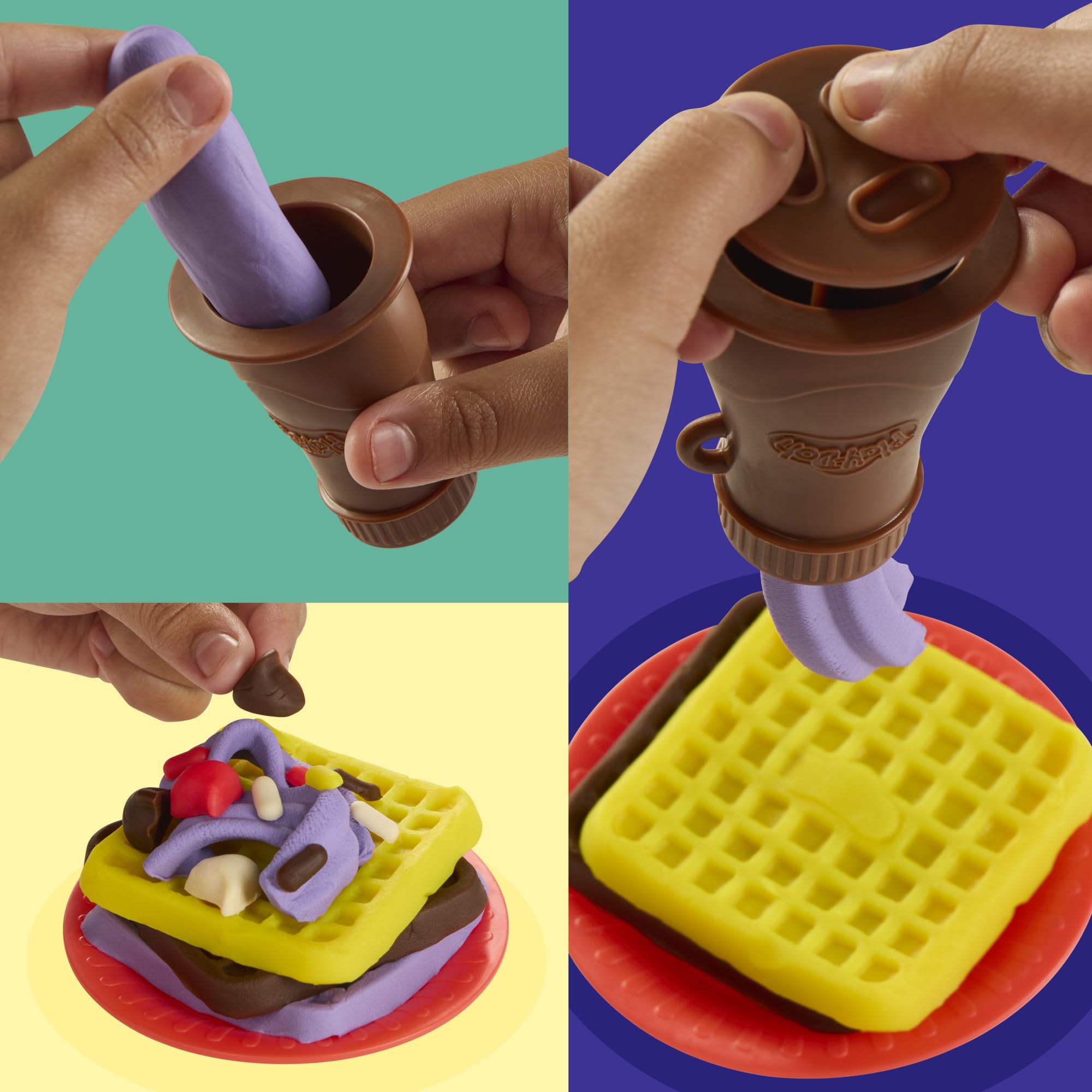 Child pushing Play‑Doh into the waffle maker demonstrating simple hands‑on operation