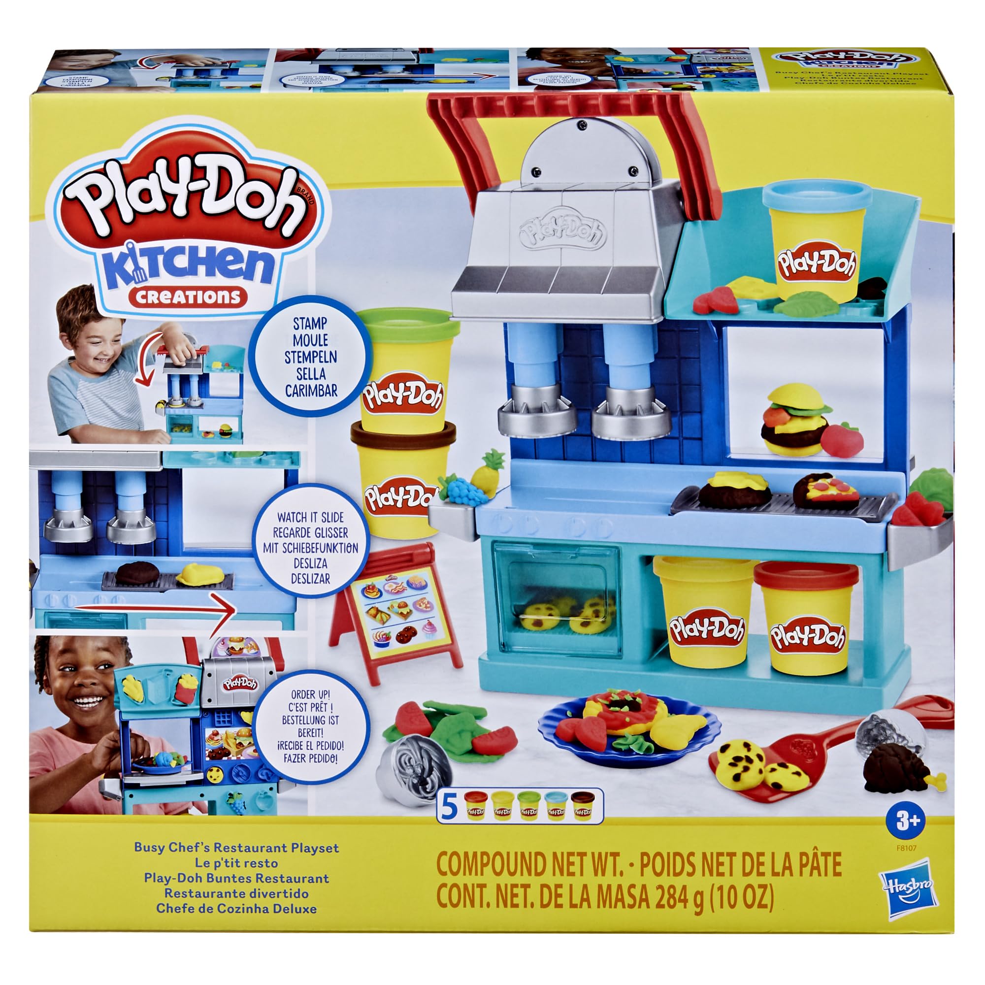 Play-Doh Kitchen Creations Busy Chef's Restaurant Playset front view sparks imaginative cooking play.
