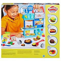 Play-Doh Kitchen Creations Busy Chef's Restaurant Playset stampers create burgers and pizzas quickly.