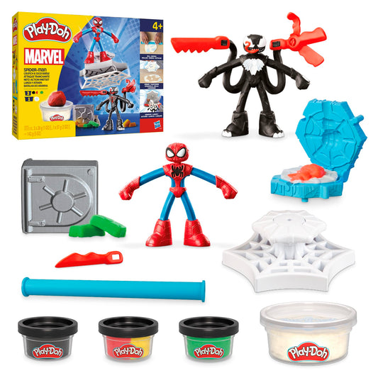 Play-Doh Marvel Spider-Man Launch & Slice Battle packaging image showing set contents for imaginative play.