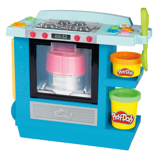 Play-Doh Kitchen Creations Rising Cake Oven shows a cake rising for interactive play.