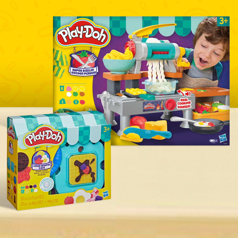Play‑Doh waffle maker beside a child’s hand to show scale and child‑friendly size