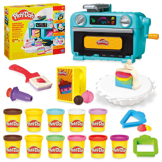 Play-Doh Super Slice Cake oven in action supports imaginative pretend baking.