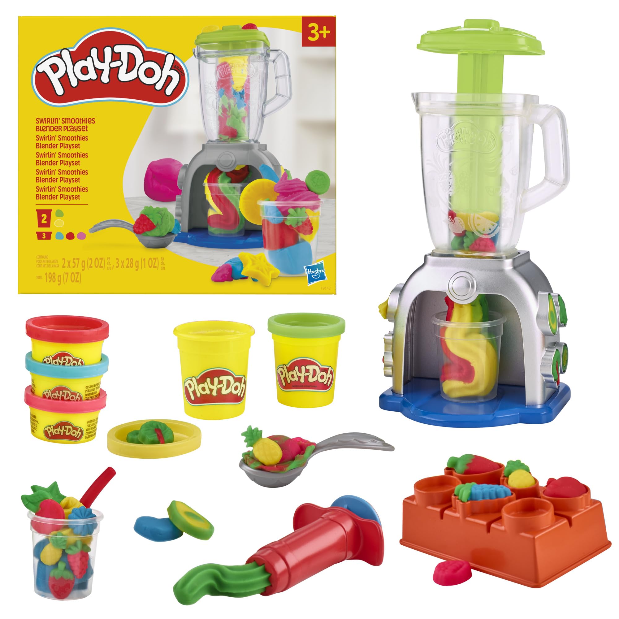 Play‑Doh packaging showing Swirlin' Smoothies set and contents benefit imaginative play