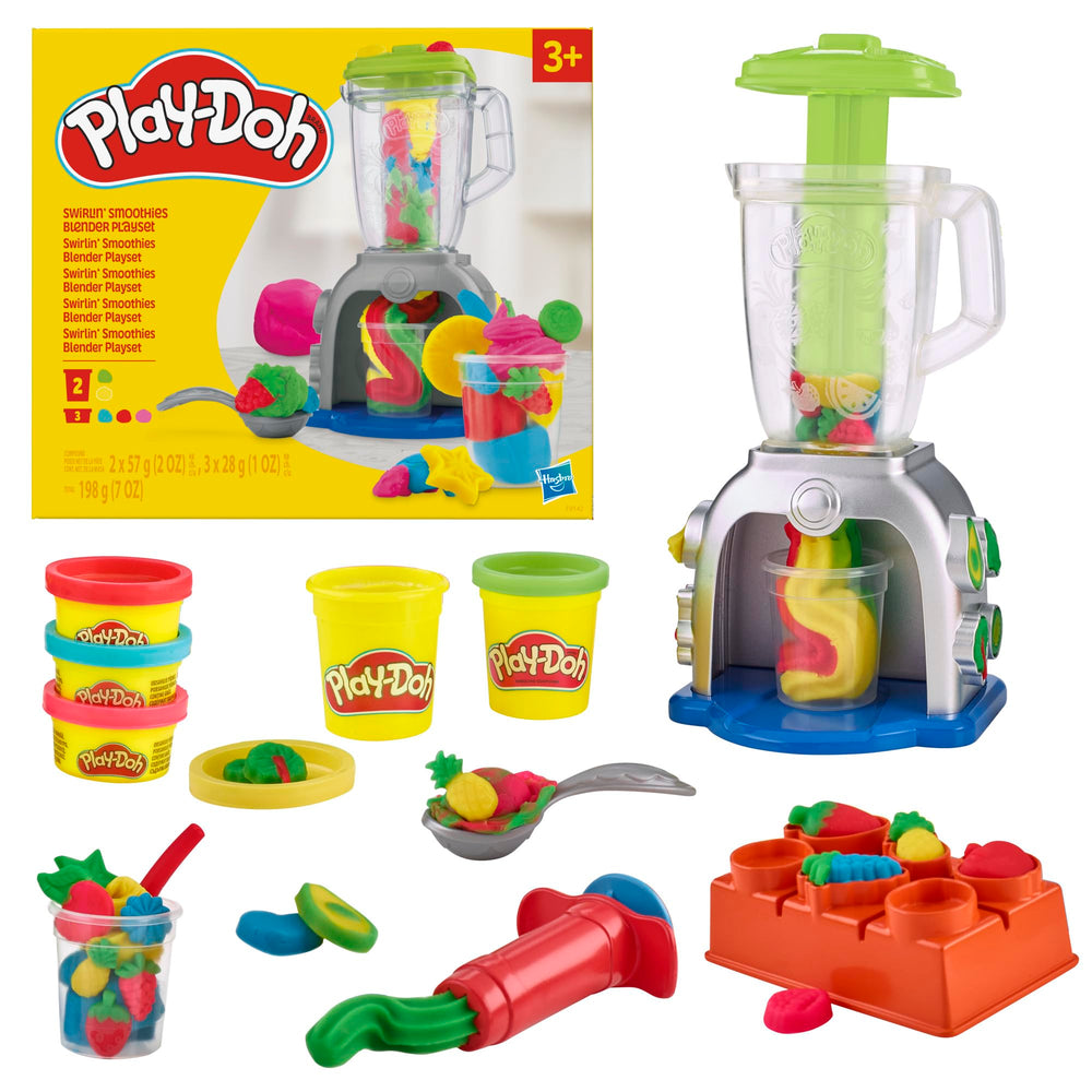 Play‑Doh packaging showing Swirlin' Smoothies set and contents benefit imaginative play