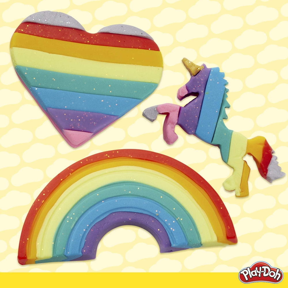 Unicorn-themed shapes from Play-Doh spark creative scenes with hearts and rainbows.