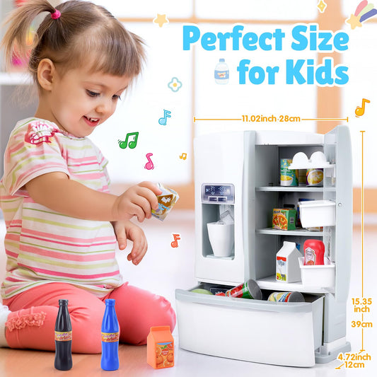 PLAY fridge doors open to reveal organized space for toy dishes and drinks.