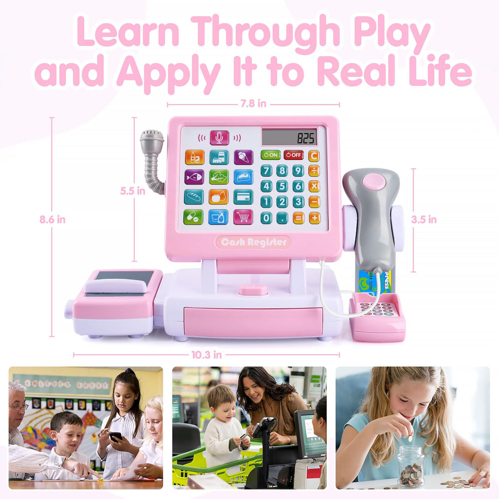 PLAY cash register toy shelves with cans and drinks for realistic shopping scenarios
